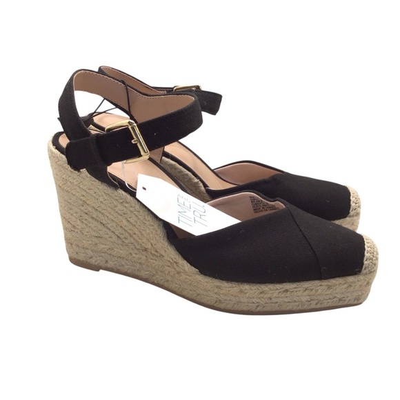 Time and Tru Women’s Espadrille Wedge Sandals Black Ankle Strap Size 8 or 10 - Picture 3 of 7